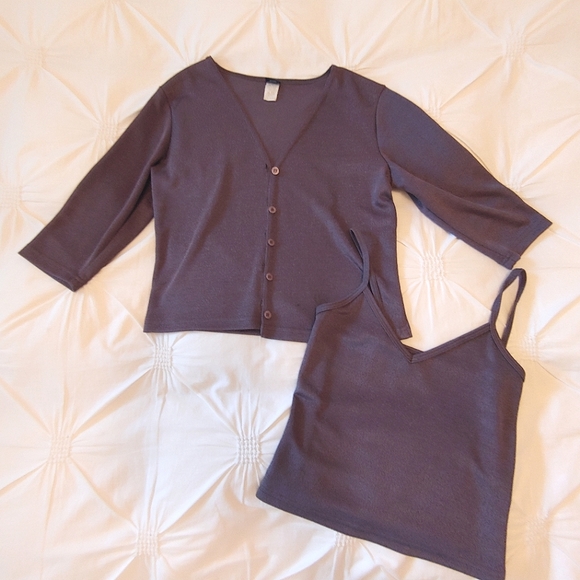 Whisper Y2k slate grey stretchy button down cardigan & cropped tank set. Size L - Picture 1 of 14